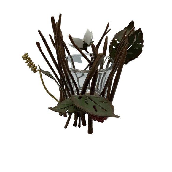 Vintage Figi Graphics Metal Sculpted Floral Votive Candle Holder, Glass Insert, - Picture 4 of 10